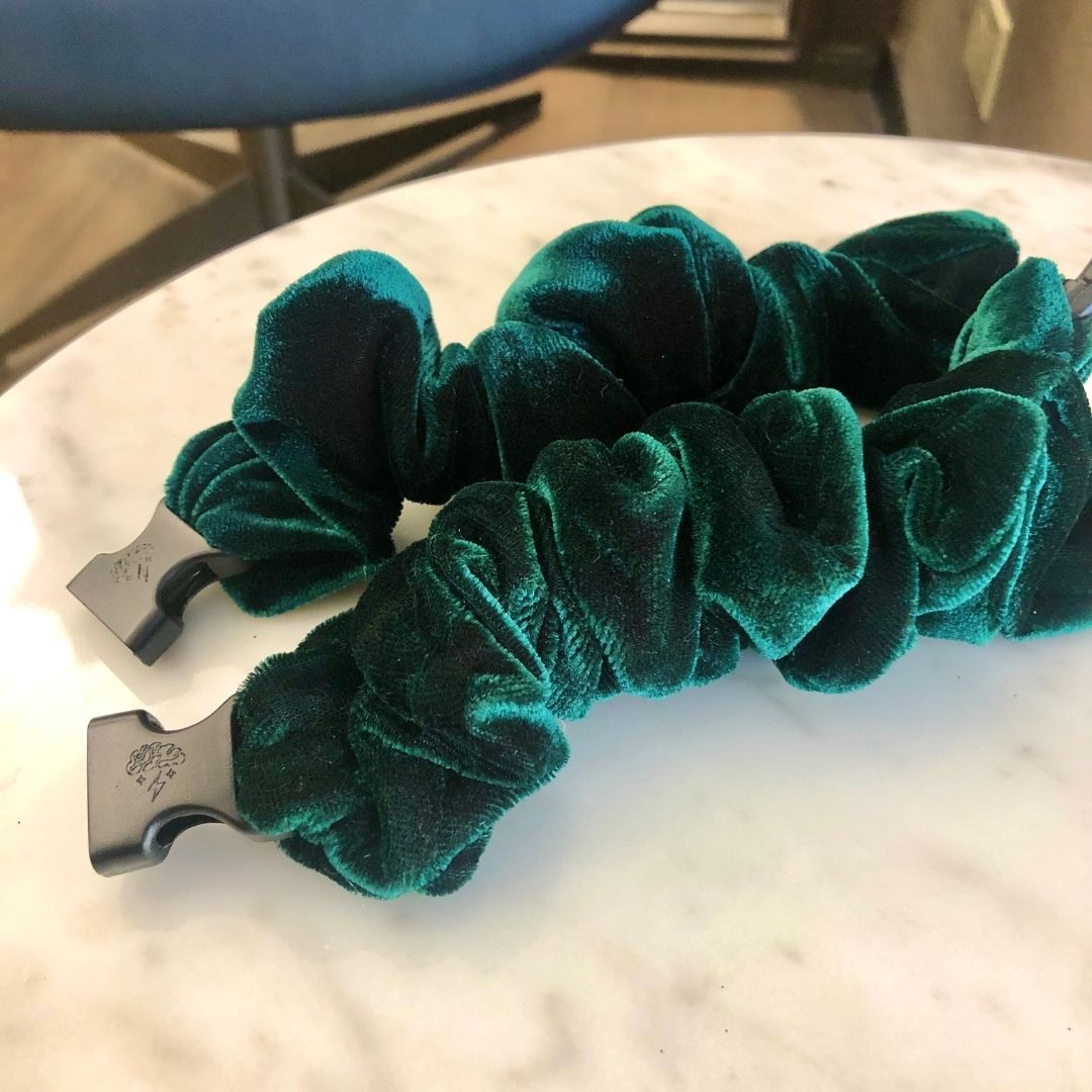 Best hair tie elastics and scrunchie hair accessories for snag-free, pull-free, rip-free, hair. Smooth, effortless hair ties and hair scrunchies for athletes, active moms, fitness, & sports. Go Birds Green Velvet Buckle Scrunchie - No Snagging, No Tangles