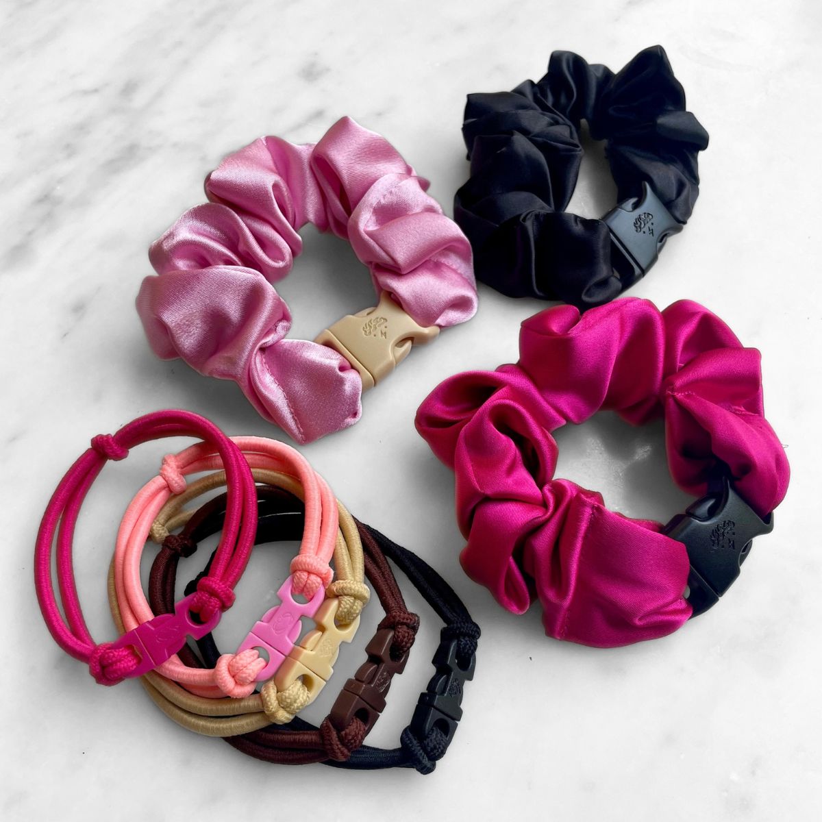 Best Sellers Gift Set Essential: Baby Pink, Industrial Black and Hot Pink satin Buckle Scrunchies with 5 Buckle Hair Ties in five colors