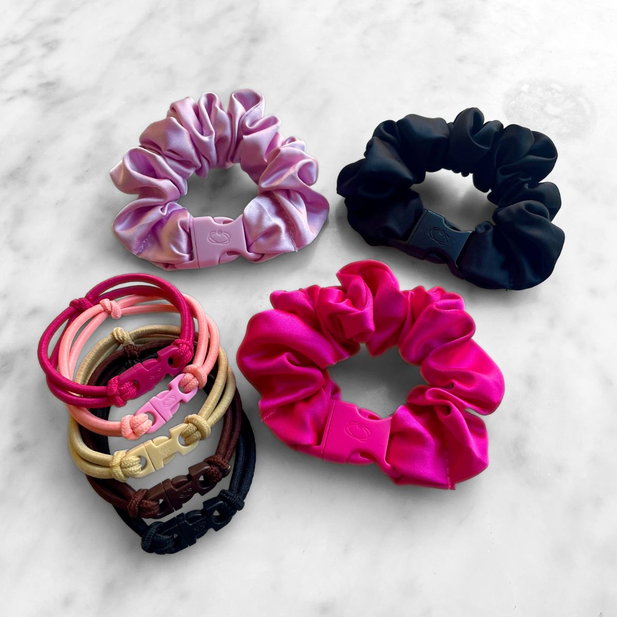 Best Sellers Gift Set Essential: Baby Pink, Industrial Black and Hot Pink satin Buckle Scrunchies with 5 Buckle Hair Ties in five colors