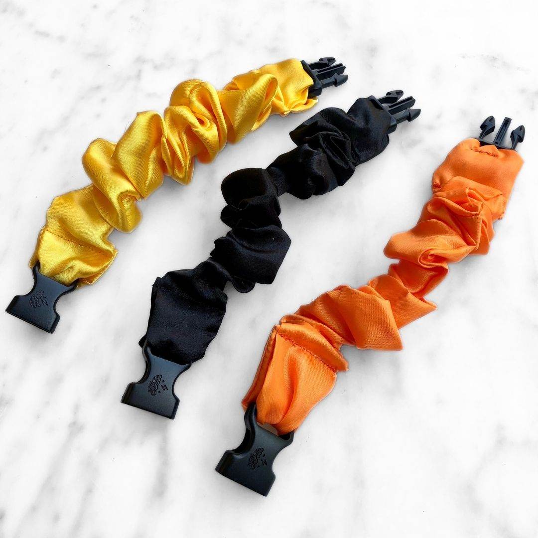 Best hair tie elastics and scrunchie hair accessories for snag-free, pull-free, rip-free, hair. Smooth, effortless hair ties and hair scrunchies for athletes, active moms, fitness, & sports. Trick or Treat Halloween Bundle - 3-Pack Fall Buckle Scrunchies - No Snagging, No Tangles