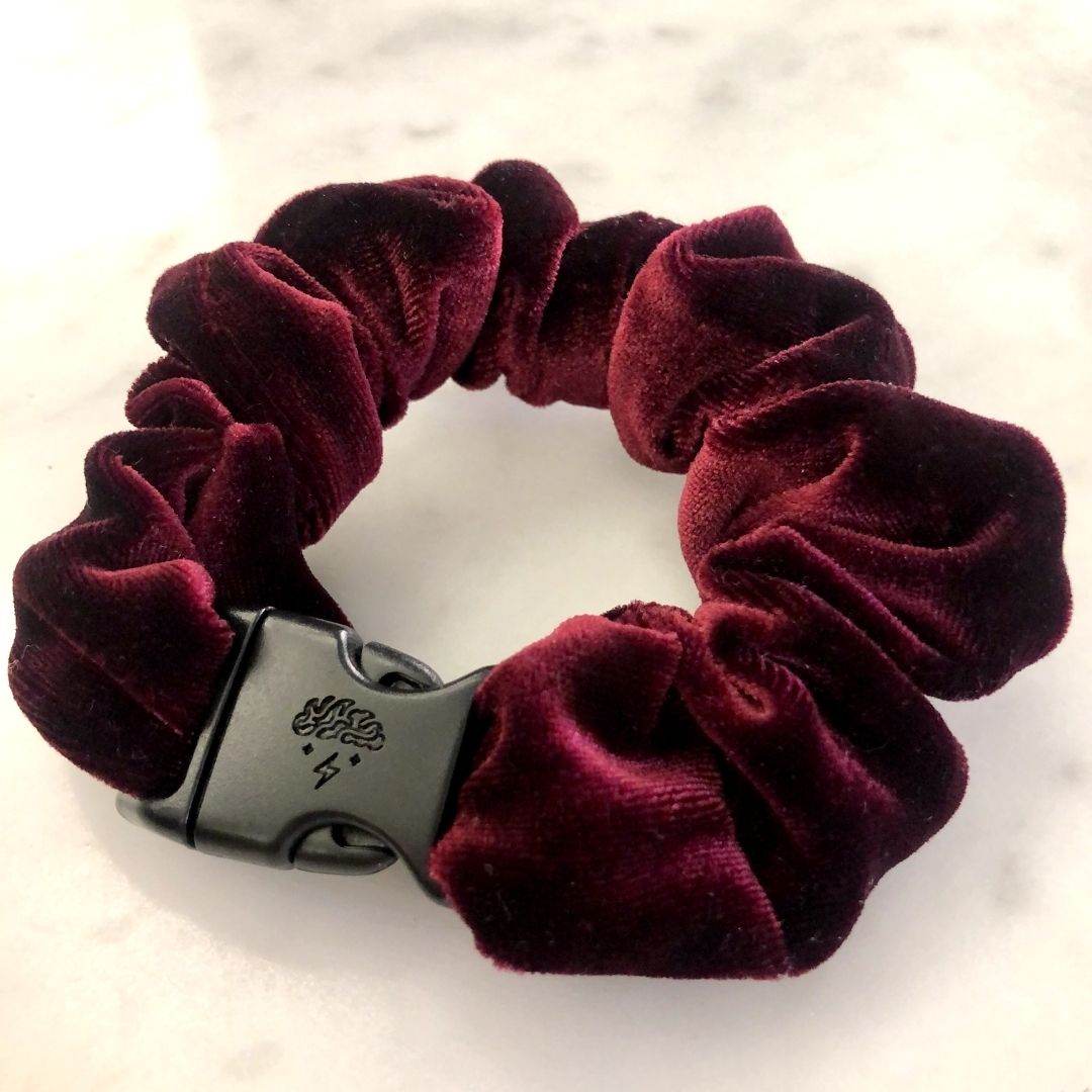 Best hair tie elastics and scrunchie hair accessories for snag-free, pull-free, rip-free, hair. Smooth, effortless hair ties and hair scrunchies for athletes, active moms, fitness, & sports. Holiday Bordeaux Velvet Buckle Scrunchie - No Snagging, No Tangles Holiday Bordeaux Recycled Velvet Standard (1.25 to 1.5 inch thickness)