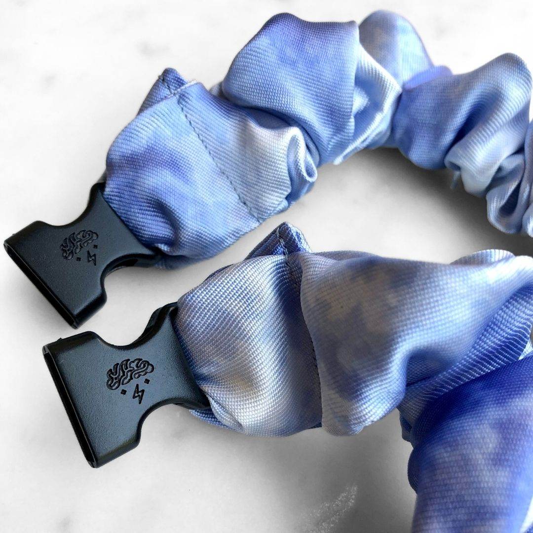 Best hair tie elastics and scrunchie hair accessories for snag-free, pull-free, rip-free, hair. Smooth, effortless hair ties and hair scrunchies for athletes, active moms, fitness, & sports. Cloudveil Blue Buckle Scrunchie - No Snagging, No Tangles