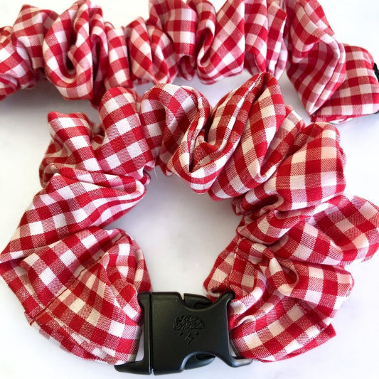 Best hair tie elastics and scrunchie hair accessories for snag-free, pull-free, rip-free, hair. Smooth, effortless hair ties and hair scrunchies for athletes, active moms, fitness, & sports. Gingham Red Buckle Scrunchie - No Snagging, No Tangles