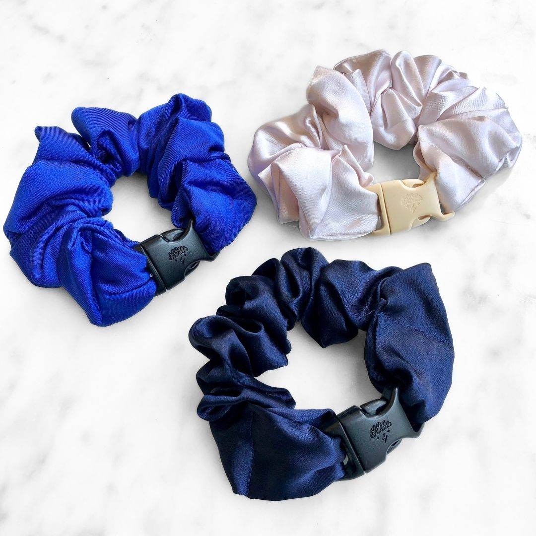Best hair tie elastics and scrunchie hair accessories for snag-free, pull-free, rip-free, hair. Smooth, effortless hair ties and hair scrunchies for athletes, active moms, fitness, & sports. Winter Wonderland Bundle - 3-Pack Hanukkah Holiday Buckle Scrunchies - No Snagging, No Tangles
