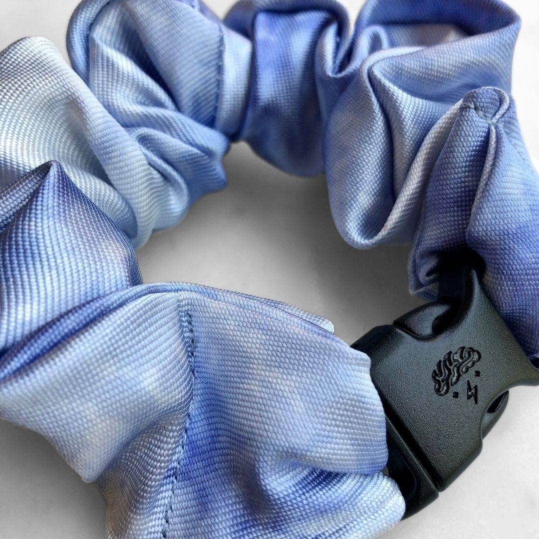 Best hair tie elastics and scrunchie hair accessories for snag-free, pull-free, rip-free, hair. Smooth, effortless hair ties and hair scrunchies for athletes, active moms, fitness, & sports. Cloudveil Blue Buckle Scrunchie - No Snagging, No Tangles