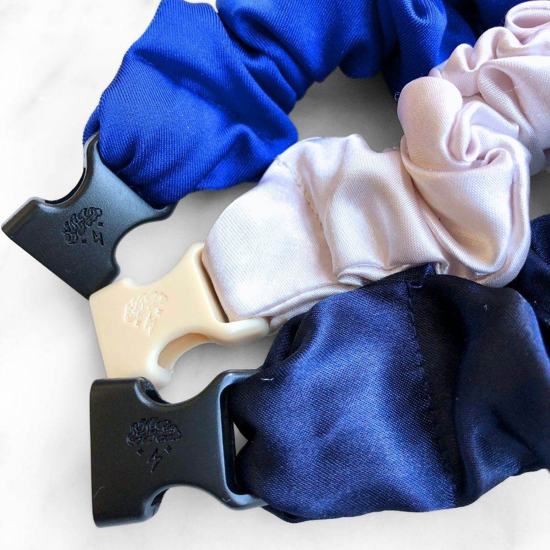 Best hair tie elastics and scrunchie hair accessories for snag-free, pull-free, rip-free, hair. Smooth, effortless hair ties and hair scrunchies for athletes, active moms, fitness, & sports. Winter Wonderland Bundle - 3-Pack Hanukkah Holiday Buckle Scrunchies - No Snagging, No Tangles