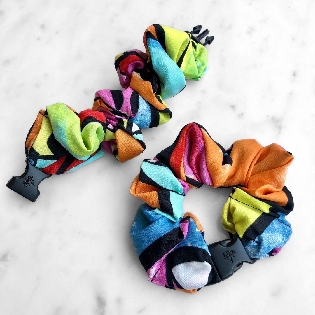 Best hair tie elastics and scrunchie hair accessories for snag-free, pull-free, rip-free, hair. Smooth, effortless hair ties and hair scrunchies for athletes, active moms, fitness, & sports. Miami Neon Buckle Scrunchie - No Snagging, No Tangles Miami Neon