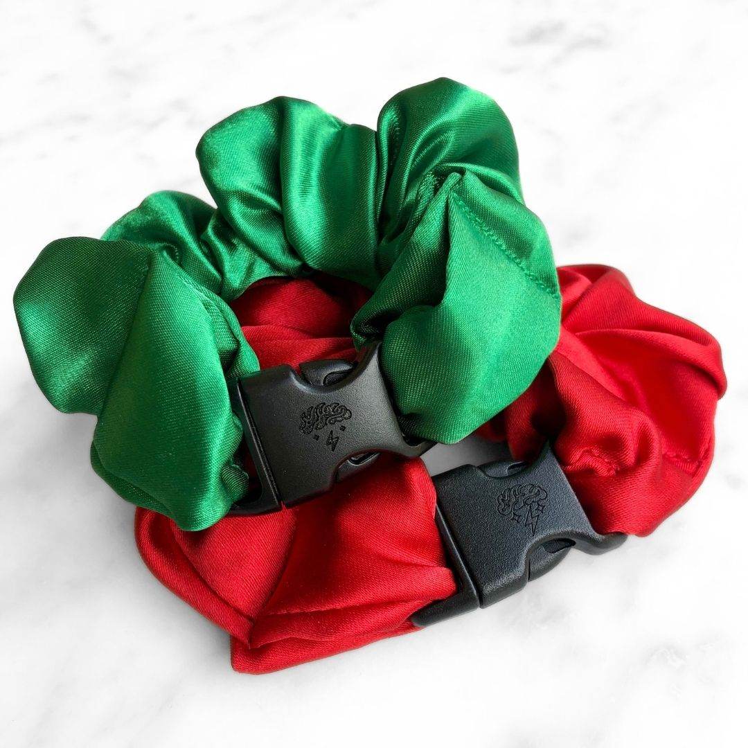 Best hair tie elastics and scrunchie hair accessories for snag-free, pull-free, rip-free, hair. Smooth, effortless hair ties and hair scrunchies for athletes, active moms, fitness, & sports. Jolly Duo - 2-Pack Christmas Holiday Buckle Scrunchies - No Snagging, No Tangles