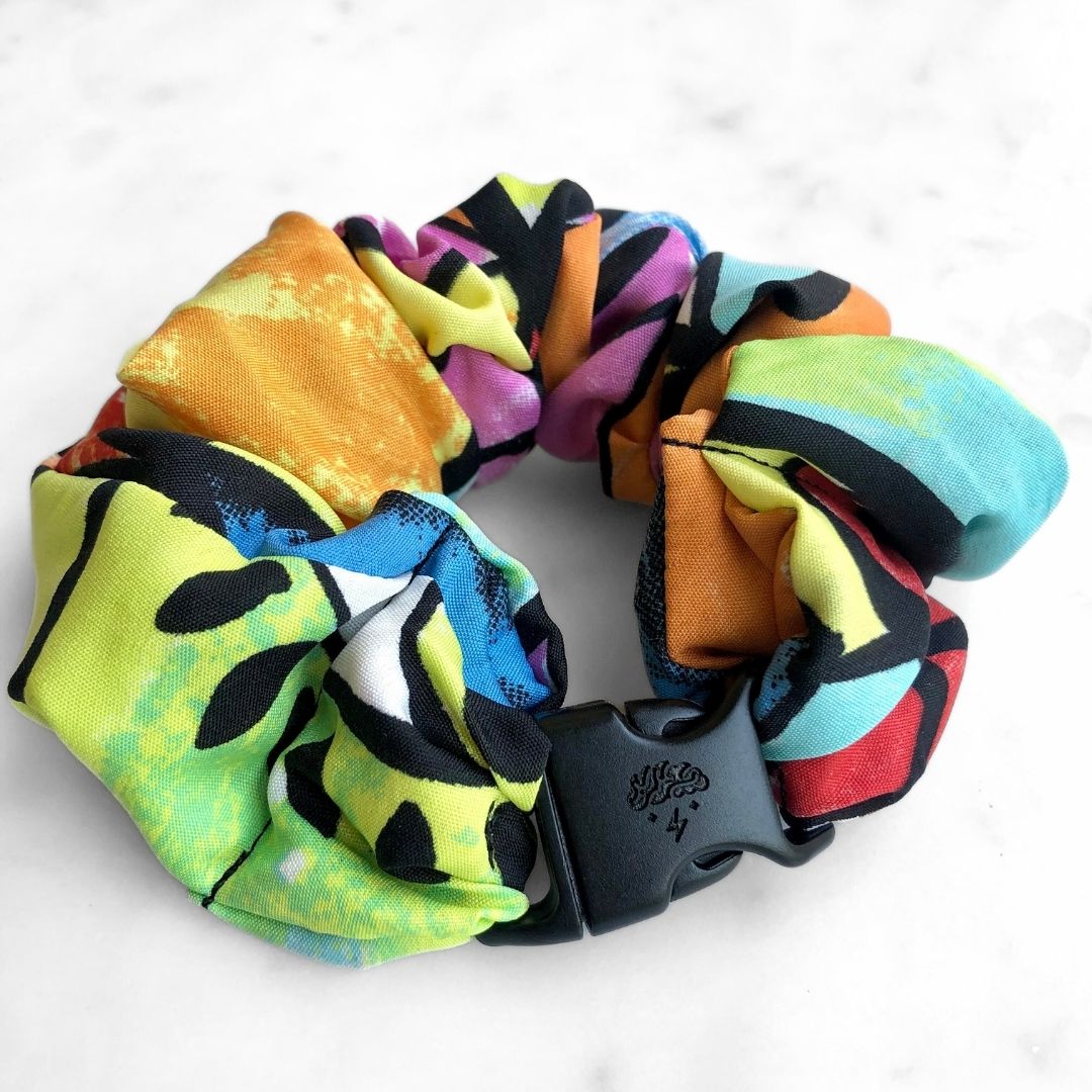 Best hair tie elastics and scrunchie hair accessories for snag-free, pull-free, rip-free, hair. Smooth, effortless hair ties and hair scrunchies for athletes, active moms, fitness, & sports. Miami Neon Buckle Scrunchie - No Snagging, No Tangles