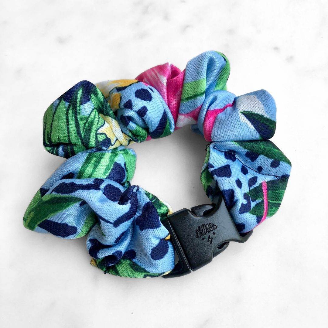 Best hair tie elastics and scrunchie hair accessories for snag-free, pull-free, rip-free, hair. Smooth, effortless hair ties and hair scrunchies for athletes, active moms, fitness, & sports. Tropical Jungle Buckle Scrunchie - No Snagging, No Tangles Tropical Jungle