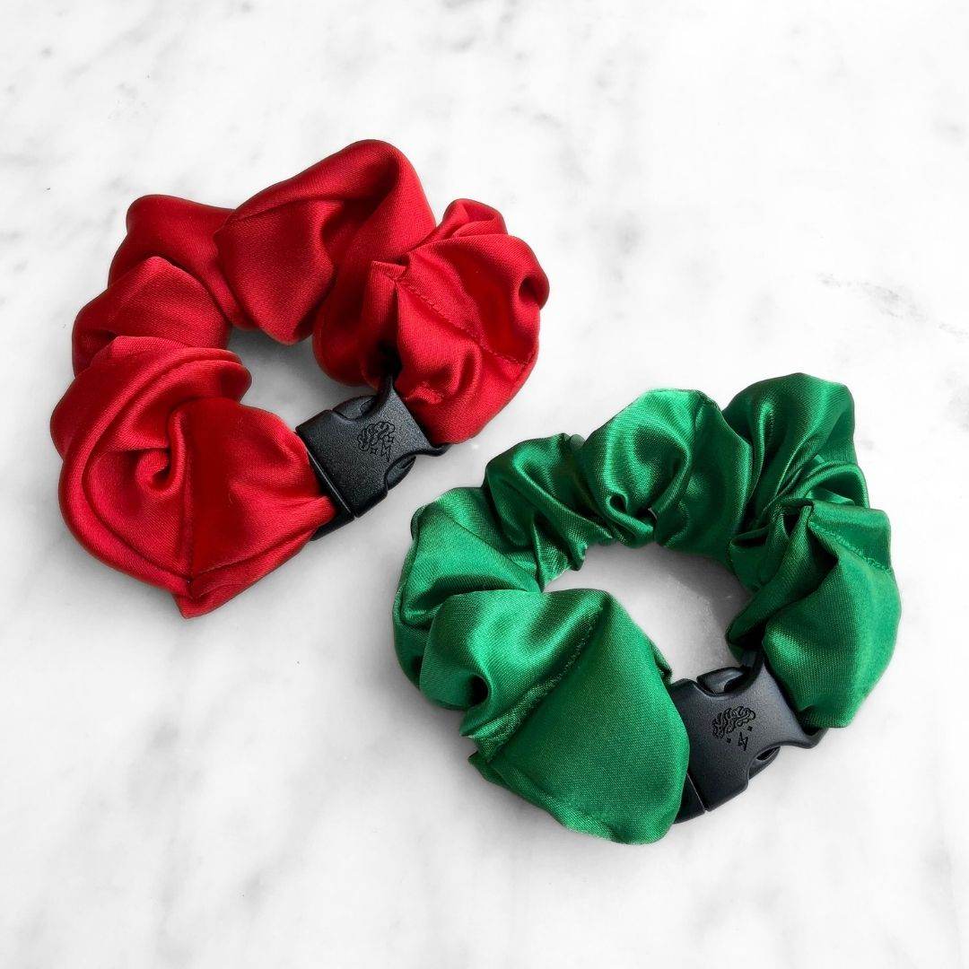 Best hair tie elastics and scrunchie hair accessories for snag-free, pull-free, rip-free, hair. Smooth, effortless hair ties and hair scrunchies for athletes, active moms, fitness, & sports. Jolly Duo - 2-Pack Christmas Holiday Buckle Scrunchies - No Snagging, No Tangles