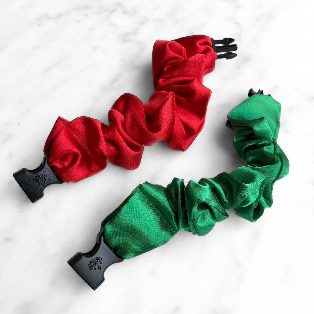 Best hair tie elastics and scrunchie hair accessories for snag-free, pull-free, rip-free, hair. Smooth, effortless hair ties and hair scrunchies for athletes, active moms, fitness, & sports. Jolly Duo - 2-Pack Christmas Holiday Buckle Scrunchies - No Snagging, No Tangles