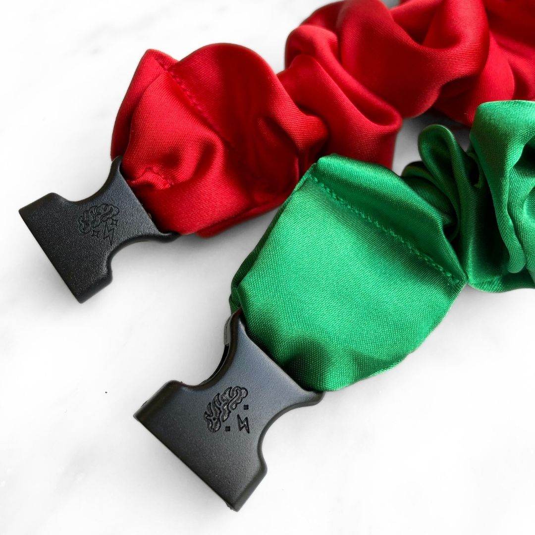 Best hair tie elastics and scrunchie hair accessories for snag-free, pull-free, rip-free, hair. Smooth, effortless hair ties and hair scrunchies for athletes, active moms, fitness, & sports. Jolly Duo - 2-Pack Christmas Holiday Buckle Scrunchies - No Snagging, No Tangles