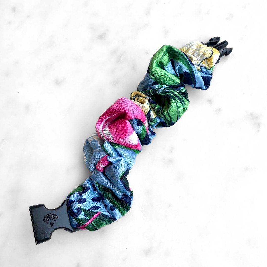 Best hair tie elastics and scrunchie hair accessories for snag-free, pull-free, rip-free, hair. Smooth, effortless hair ties and hair scrunchies for athletes, active moms, fitness, & sports. Tropical Jungle Buckle Scrunchie - No Snagging, No Tangles