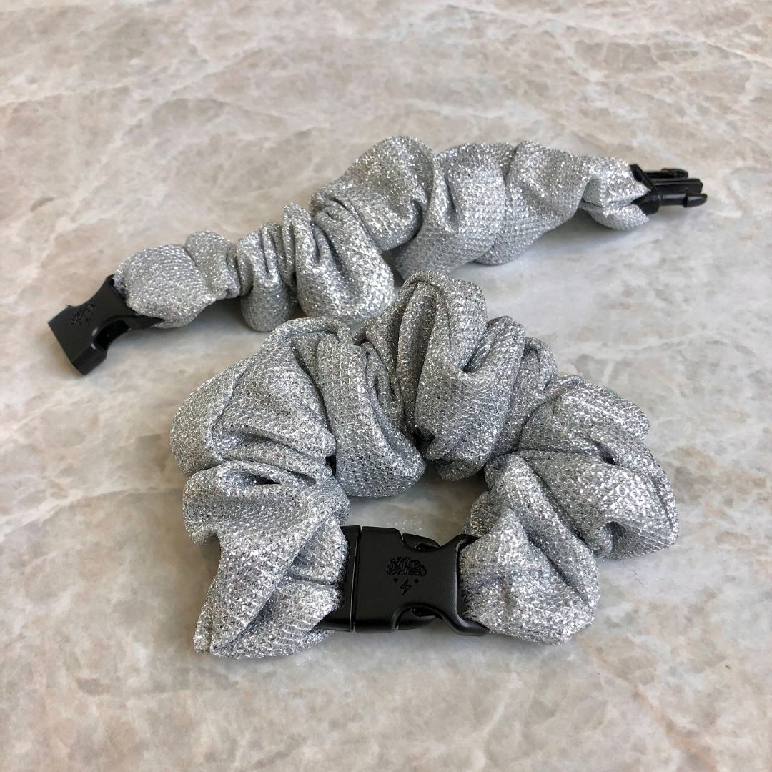 Best hair tie elastics and scrunchie hair accessories for snag-free, pull-free, rip-free, hair. Smooth, effortless hair ties and hair scrunchies for athletes, active moms, fitness, & sports. Sparkling Silver Buckle Scrunchie - No Snagging, No Tangles
