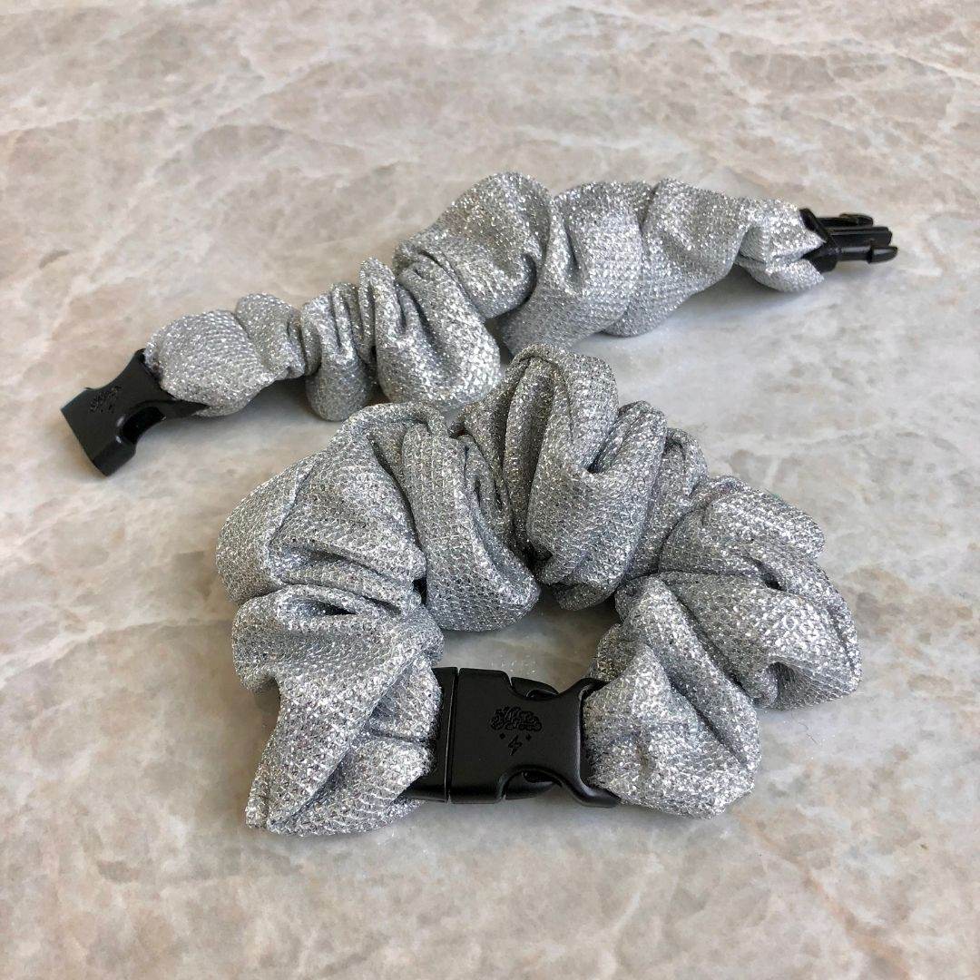 Best hair tie elastics and scrunchie hair accessories for snag-free, pull-free, rip-free, hair. Smooth, effortless hair ties and hair scrunchies for athletes, active moms, fitness, & sports. Sparkling Silver Buckle Scrunchie - No Snagging, No Tangles