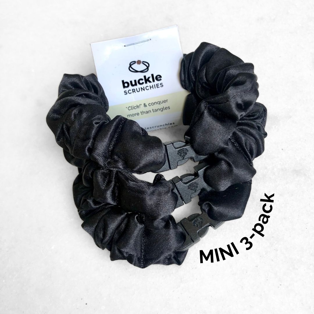 Best hair tie elastics and scrunchie hair accessories for snag-free, pull-free, rip-free, hair. Smooth, effortless hair ties and hair scrunchies for athletes, active moms, fitness, & sports. MINI 3-Pack Neutral Buckle Scrunchies Bundle - No Snagging, No Tangles Industrial Black Recycled Satin Mini (0.5 to 0.7 inch thickness)