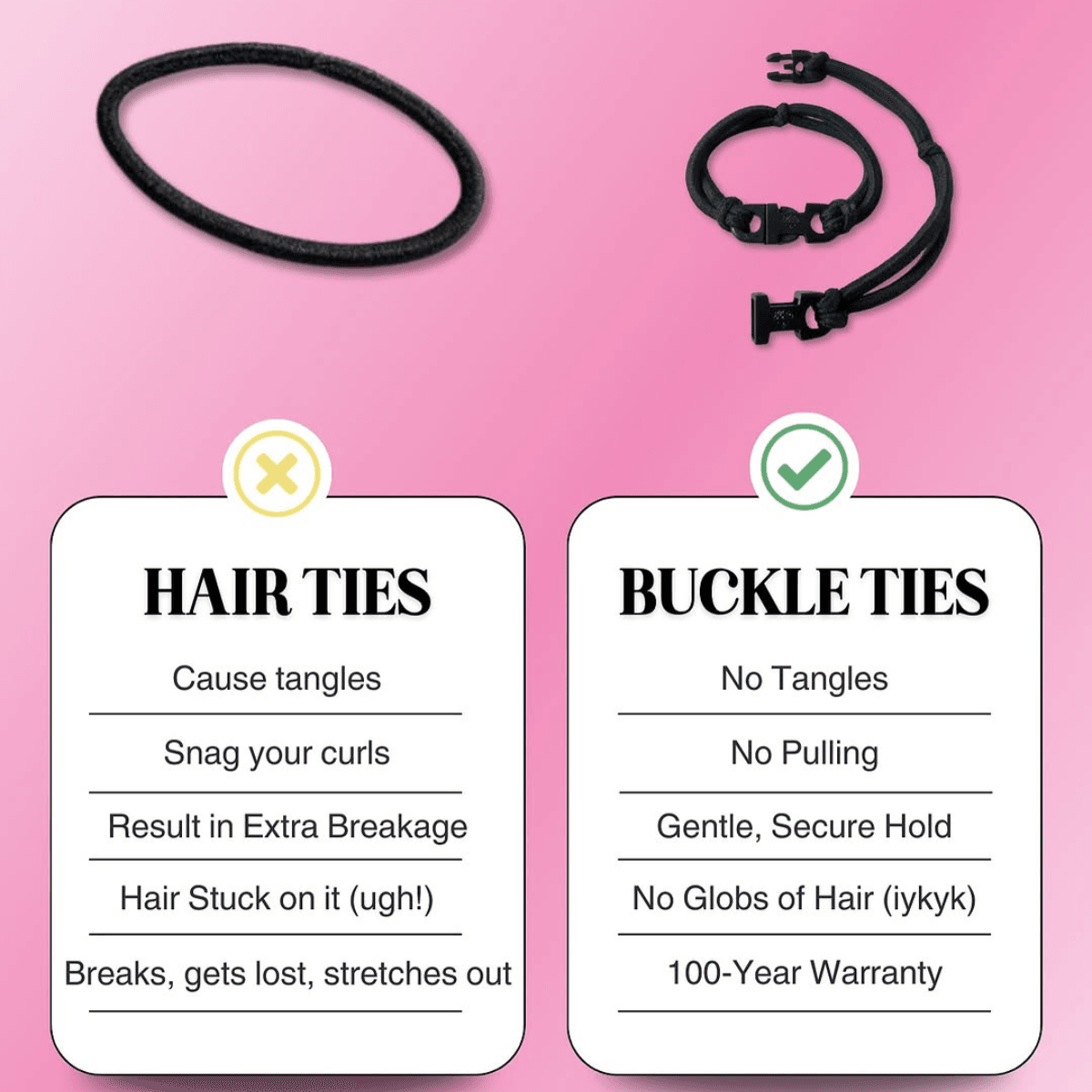 Best hair tie elastics and scrunchie hair accessories for snag-free, pull-free, rip-free, hair. Smooth, effortless hair ties and hair scrunchies for athletes, active moms, fitness, & sports. Buckle Hair Tie Elastics - No Snagging, No Tangles