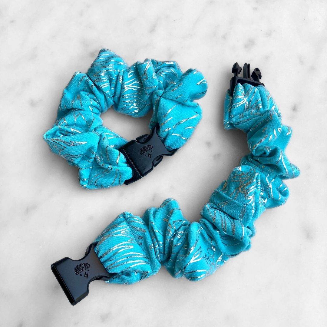 Best hair tie elastics and scrunchie hair accessories for snag-free, pull-free, rip-free, hair. Smooth, effortless hair ties and hair scrunchies for athletes, active moms, fitness, & sports. Southwest Turquoise Buckle Scrunchie - No Snagging, No Tangles