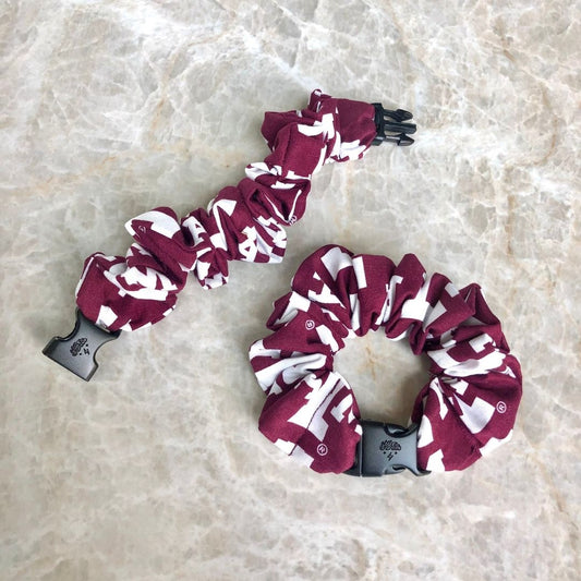 Best hair tie elastics and scrunchie hair accessories for snag-free, pull-free, rip-free, hair. Smooth, effortless hair ties and hair scrunchies for athletes, active moms, fitness, & sports. A&M Aggies Buckle Scrunchie - No Snagging, No Tangles