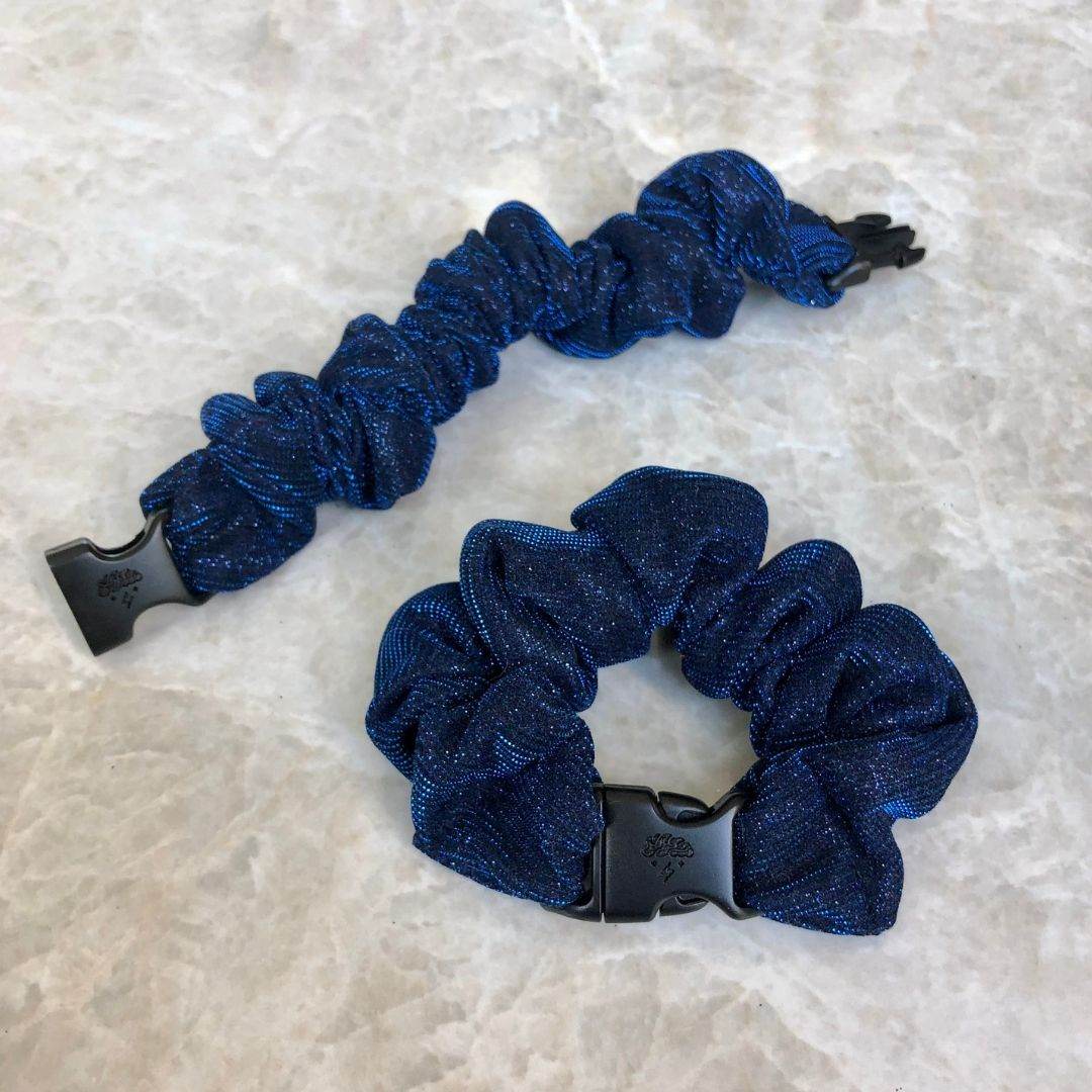 Best hair tie elastics and scrunchie hair accessories for snag-free, pull-free, rip-free, hair. Smooth, effortless hair ties and hair scrunchies for athletes, active moms, fitness, & sports. Starlight Blue Buckle Scrunchie - No Snagging, No Tangles Starlight Blue Recycled Polyblend Standard (1.25 to 1.5 inch thickness)