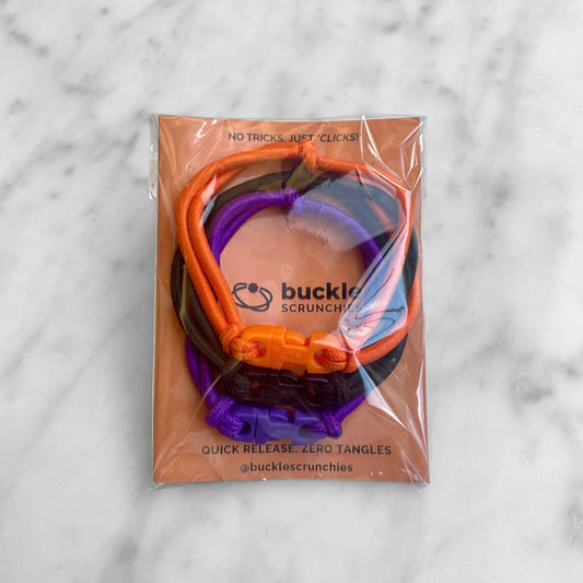 Spooky Halloween Buckle Hair Tie elastics fanned out to show the quick release buckles