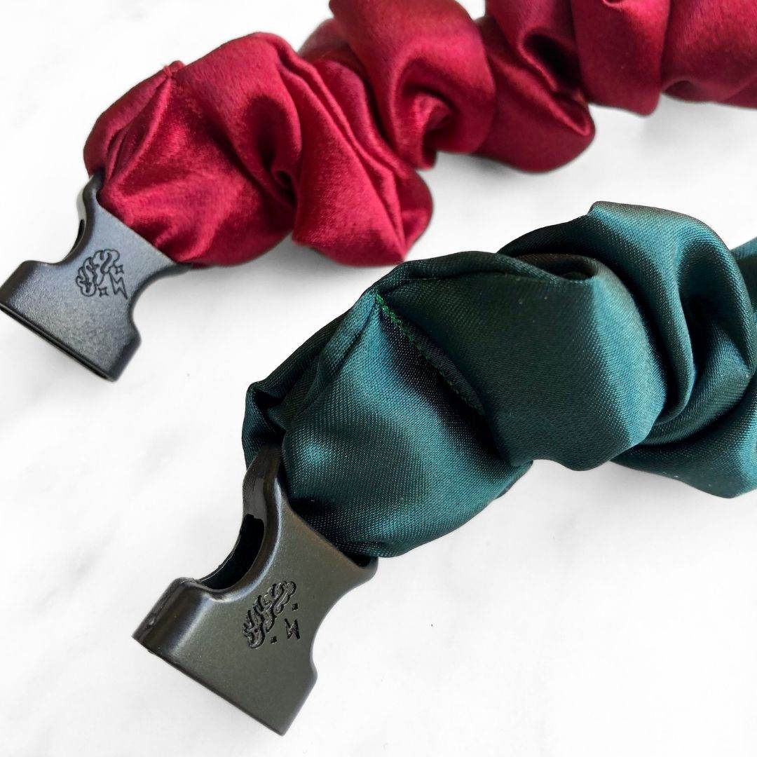 Best hair tie elastics and scrunchie hair accessories for snag-free, pull-free, rip-free, hair. Smooth, effortless hair ties and hair scrunchies for athletes, active moms, fitness, & sports. Holly Duo - 2-Pack Christmas Holiday Buckle Scrunchies - No Snagging, No Tangles