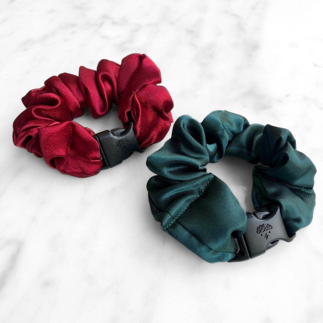 Best hair tie elastics and scrunchie hair accessories for snag-free, pull-free, rip-free, hair. Smooth, effortless hair ties and hair scrunchies for athletes, active moms, fitness, & sports. Holly Duo - 2-Pack Christmas Holiday Buckle Scrunchies - No Snagging, No Tangles