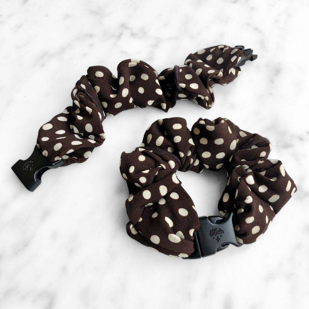 Best hair tie elastics and scrunchie hair accessories for snag-free, pull-free, rip-free, hair. Smooth, effortless hair ties and hair scrunchies for athletes, active moms, fitness, & sports. Chocolate Chip Brown Polka Dots Buckle Scrunchie - No Snagging, No Tangles Chocolate Chip