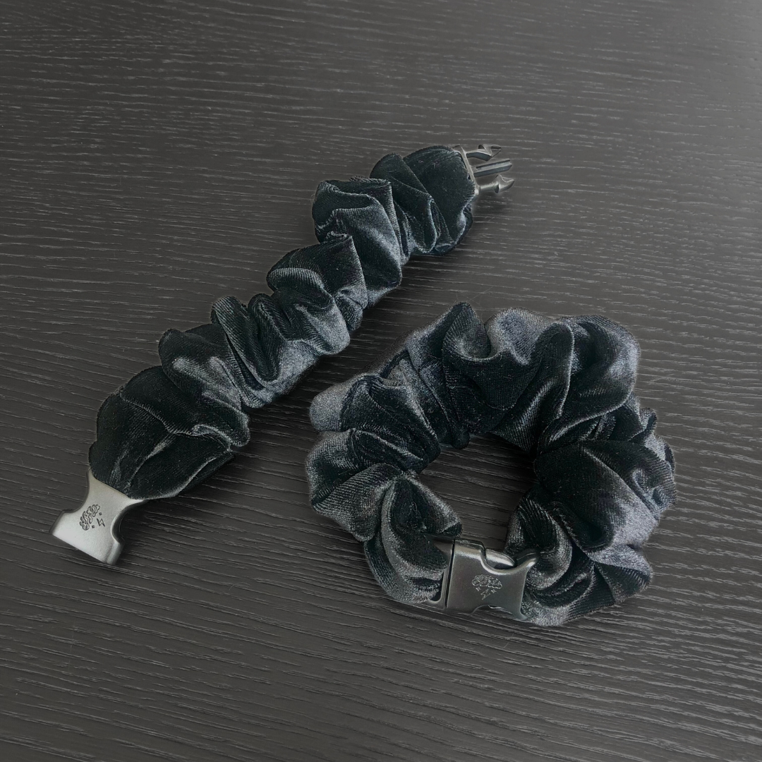 Best hair tie elastics and scrunchie hair accessories for snag-free, pull-free, rip-free, hair. Smooth, effortless hair ties and hair scrunchies for athletes, active moms, fitness, & sports. Black Velvet Buckle Scrunchie - No Snagging, No Tangles