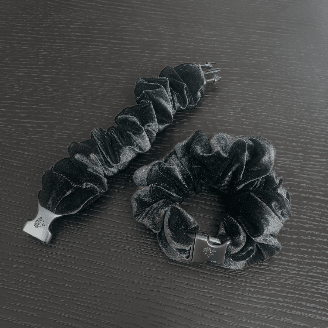 Best hair tie elastics and scrunchie hair accessories for snag-free, pull-free, rip-free, hair. Smooth, effortless hair ties and hair scrunchies for athletes, active moms, fitness, & sports. Black Velvet Buckle Scrunchie - No Snagging, No Tangles