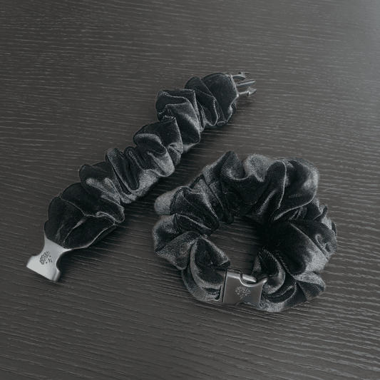 Best hair tie elastics and scrunchie hair accessories for snag-free, pull-free, rip-free, hair. Smooth, effortless hair ties and hair scrunchies for athletes, active moms, fitness, & sports. Black Velvet Buckle Scrunchie - No Snagging, No Tangles