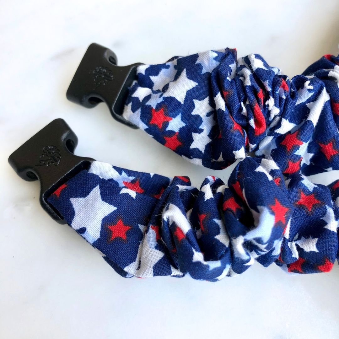 Best hair tie elastics and scrunchie hair accessories for snag-free, pull-free, rip-free, hair. Smooth, effortless hair ties and hair scrunchies for athletes, active moms, fitness, & sports. Team USA "Shooting" Stars Patriotic Buckle Scrunchie - No Snagging, No Tangles