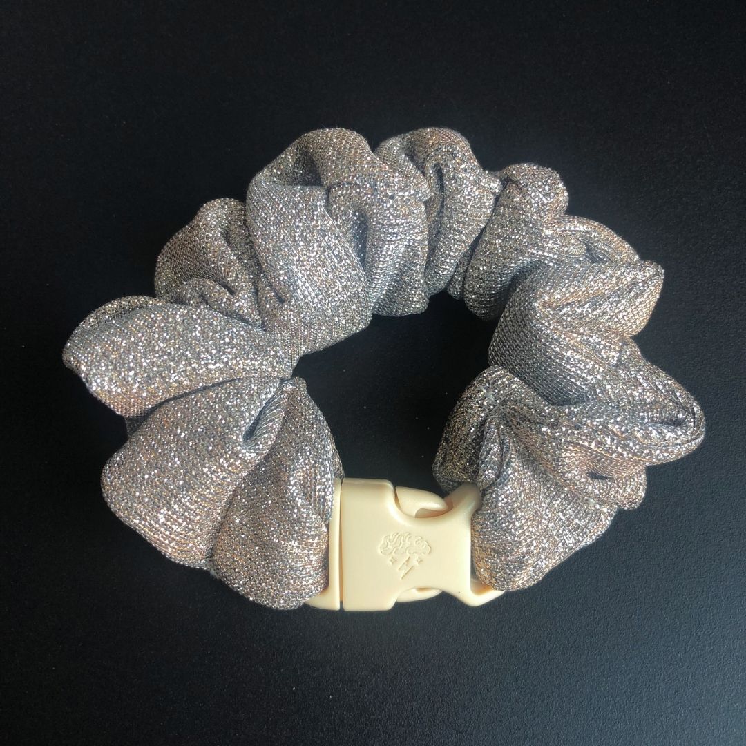 Best hair tie elastics and scrunchie hair accessories for snag-free, pull-free, rip-free, hair. Smooth, effortless hair ties and hair scrunchies for athletes, active moms, fitness, & sports. Champagne Glitter Buckle Scrunchie - No Snagging, No Tangles