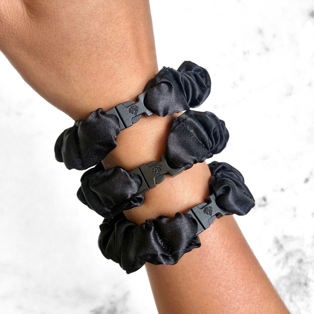 Best hair tie elastics and scrunchie hair accessories for snag-free, pull-free, rip-free, hair. Smooth, effortless hair ties and hair scrunchies for athletes, active moms, fitness, & sports. MINI 3-Pack Neutral Buckle Scrunchies Bundle - No Snagging, No Tangles