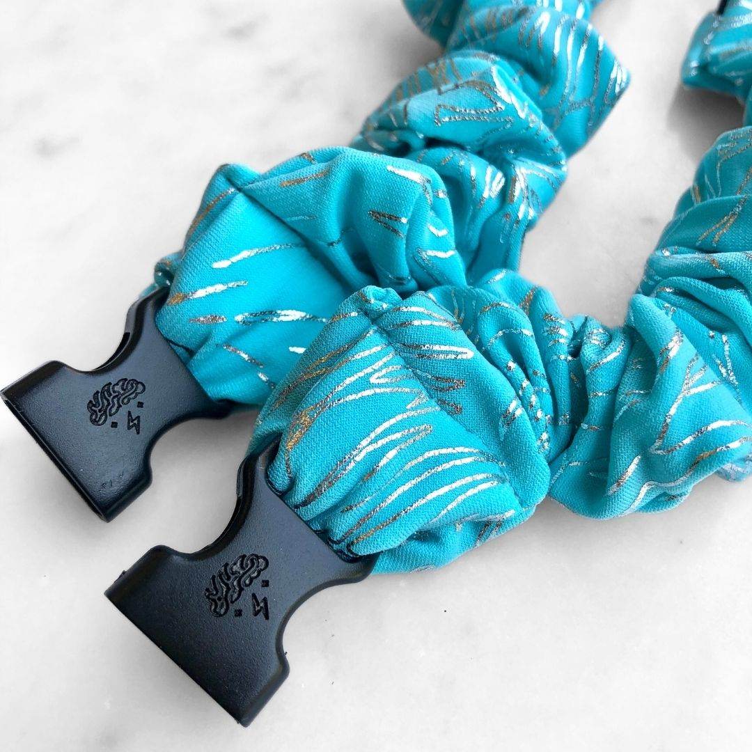 Best hair tie elastics and scrunchie hair accessories for snag-free, pull-free, rip-free, hair. Smooth, effortless hair ties and hair scrunchies for athletes, active moms, fitness, & sports. Southwest Turquoise Buckle Scrunchie - No Snagging, No Tangles