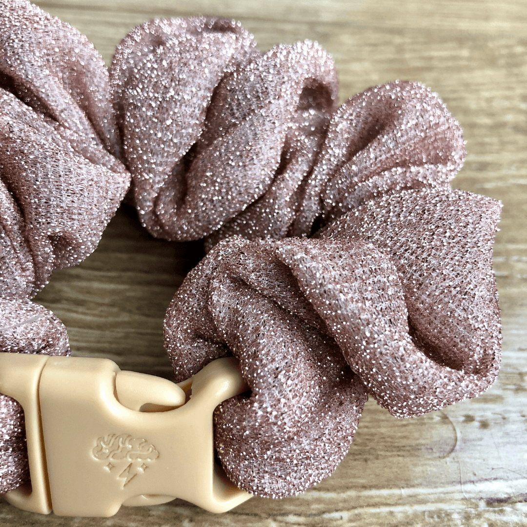 Best hair tie elastics and scrunchie hair accessories for snag-free, pull-free, rip-free, hair. Smooth, effortless hair ties and hair scrunchies for athletes, active moms, fitness, & sports. The Maria Buckle Scrunchie - No Snagging, No Tangles Glitter Pink Blush Recycled Polyblend Standard (1.25 to 1.5 inch thickness)