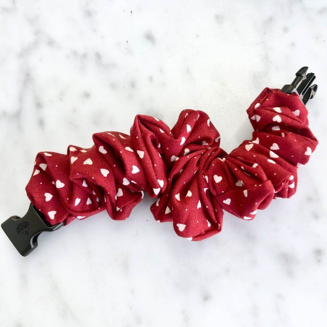 Best hair tie elastics and scrunchie hair accessories for snag-free, pull-free, rip-free, hair. Smooth, effortless hair ties and hair scrunchies for athletes, active moms, fitness, & sports. Hearts Red Buckle Scrunchie - No Snagging, No Tangles