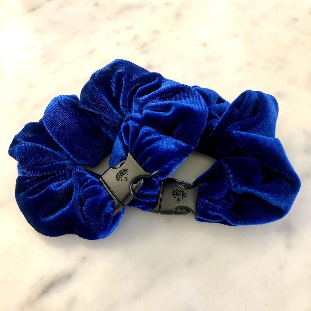 Best hair tie elastics and scrunchie hair accessories for snag-free, pull-free, rip-free, hair. Smooth, effortless hair ties and hair scrunchies for athletes, active moms, fitness, & sports. Sapphire Blue Velvet Buckle Scrunchie - No Snagging, No Tangles