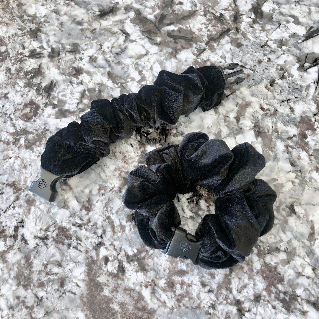 Best hair tie elastics and scrunchie hair accessories for snag-free, pull-free, rip-free, hair. Smooth, effortless hair ties and hair scrunchies for athletes, active moms, fitness, & sports. Black Velvet Buckle Scrunchie - No Snagging, No Tangles