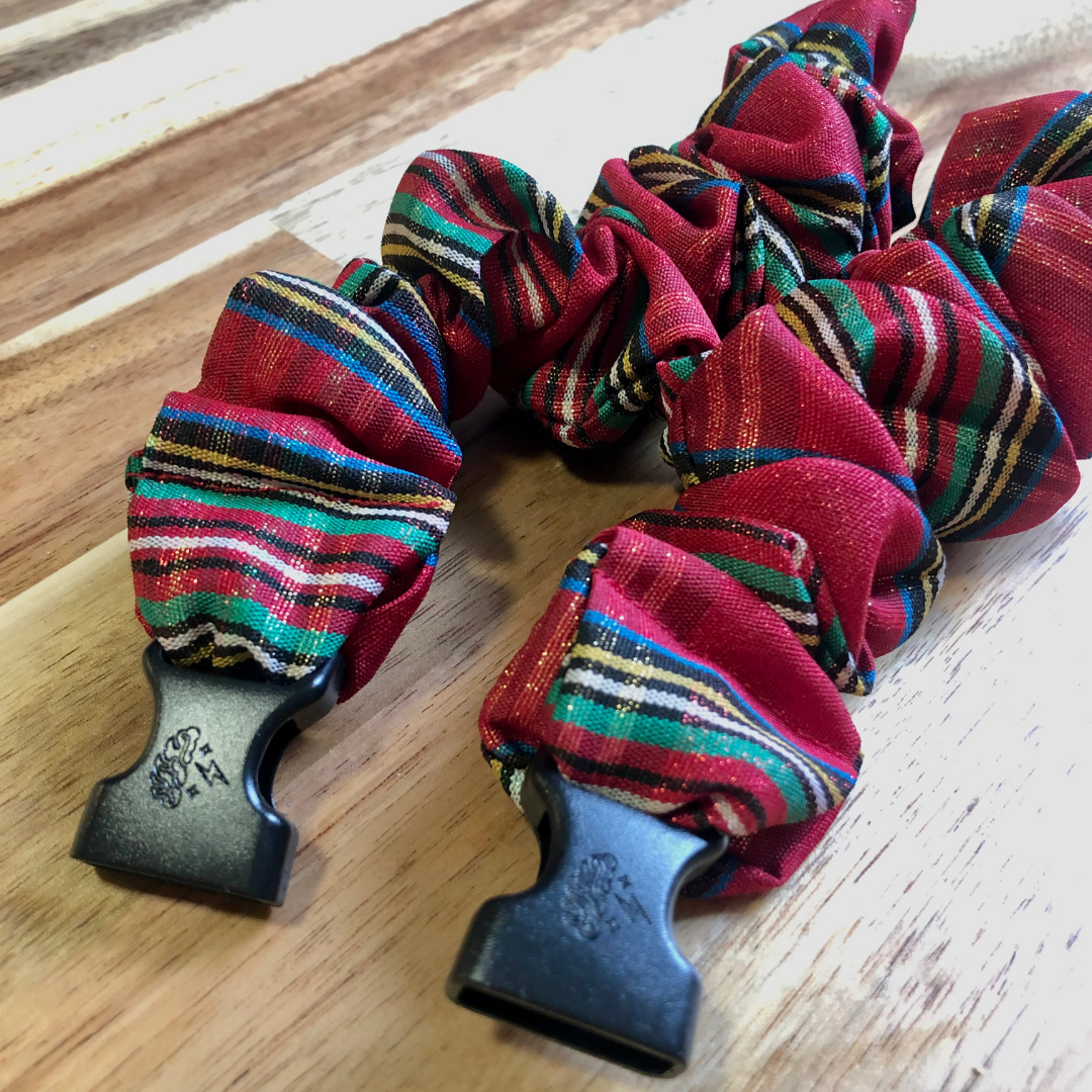 Best hair tie elastics and scrunchie hair accessories for snag-free, pull-free, rip-free, hair. Smooth, effortless hair ties and hair scrunchies for athletes, active moms, fitness, & sports. Christmas Holiday Red Plaid Buckle Scrunchie - No Snagging, No Tangles