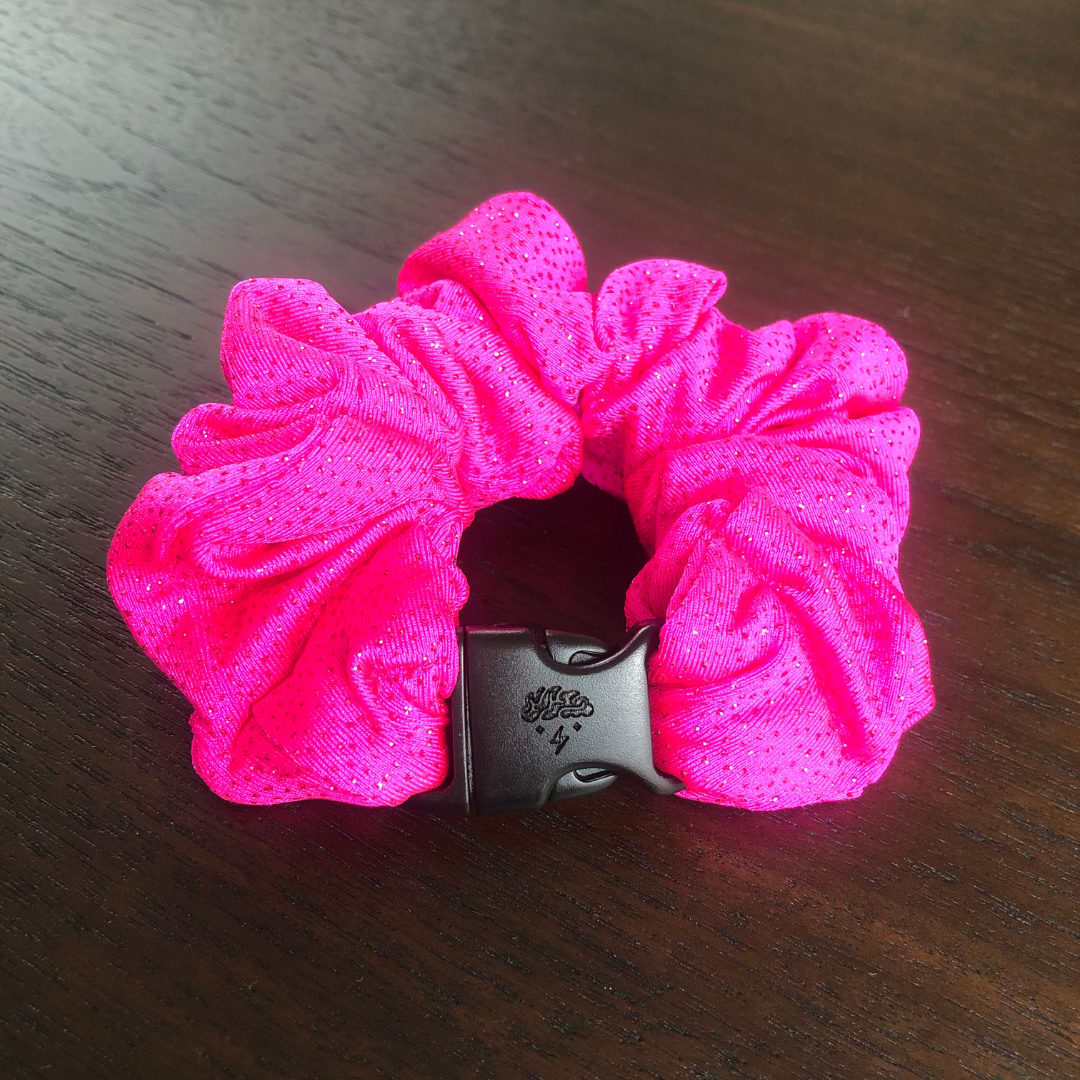Best hair tie elastics and scrunchie hair accessories for snag-free, pull-free, rip-free, hair. Smooth, effortless hair ties and hair scrunchies for athletes, active moms, fitness, & sports. Hot Pink Sparkles Buckle Scrunchie - No Snagging, No Tangles