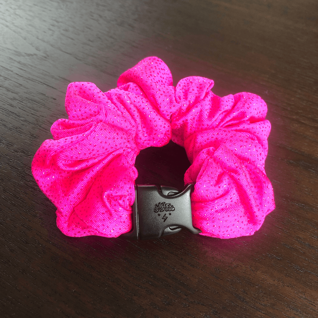 Best hair tie elastics and scrunchie hair accessories for snag-free, pull-free, rip-free, hair. Smooth, effortless hair ties and hair scrunchies for athletes, active moms, fitness, & sports. Hot Pink Sparkles Buckle Scrunchie - No Snagging, No Tangles