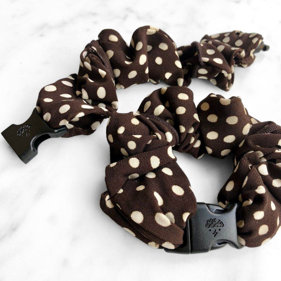 Best hair tie elastics and scrunchie hair accessories for snag-free, pull-free, rip-free, hair. Smooth, effortless hair ties and hair scrunchies for athletes, active moms, fitness, & sports. Chocolate Chip Brown Polka Dots Buckle Scrunchie - No Snagging, No Tangles