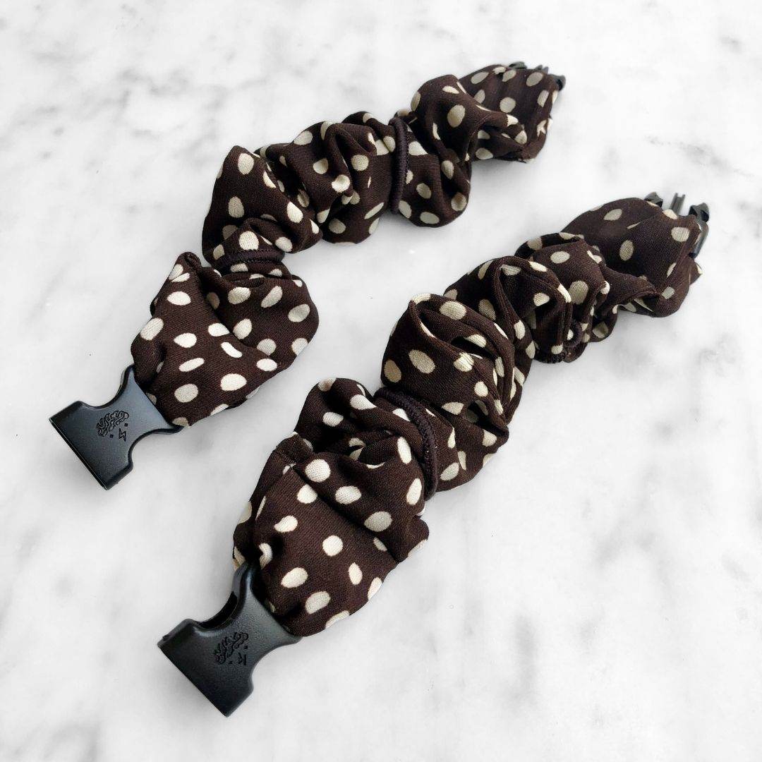 Best hair tie elastics and scrunchie hair accessories for snag-free, pull-free, rip-free, hair. Smooth, effortless hair ties and hair scrunchies for athletes, active moms, fitness, & sports. Chocolate Chip Brown Polka Dots Buckle Scrunchie - No Snagging, No Tangles