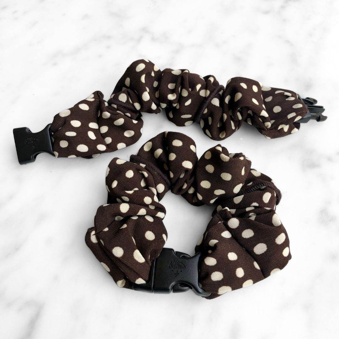Best hair tie elastics and scrunchie hair accessories for snag-free, pull-free, rip-free, hair. Smooth, effortless hair ties and hair scrunchies for athletes, active moms, fitness, & sports. Chocolate Chip Brown Polka Dots Buckle Scrunchie - No Snagging, No Tangles