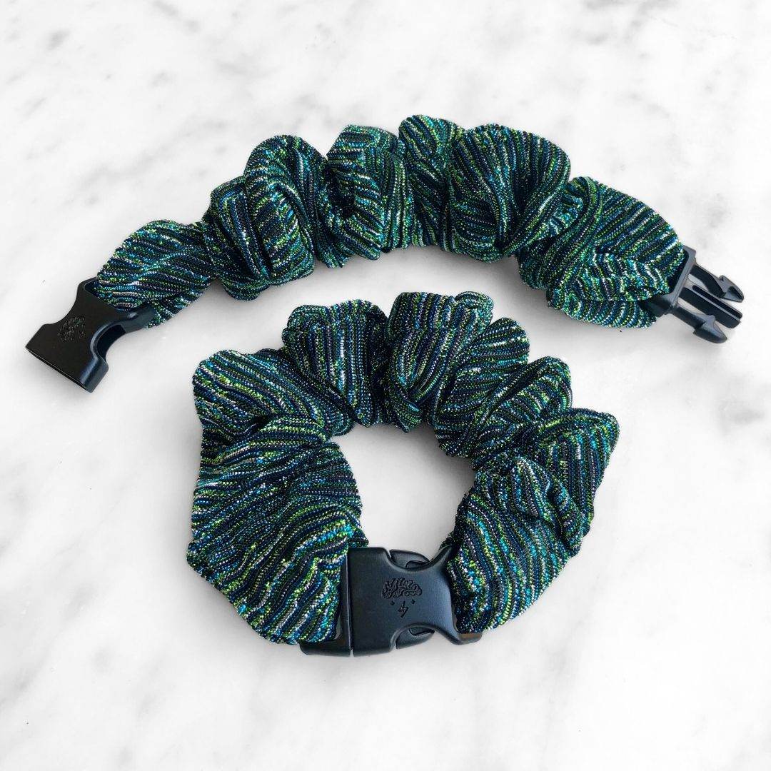 Best hair tie elastics and scrunchie hair accessories for snag-free, pull-free, rip-free, hair. Smooth, effortless hair ties and hair scrunchies for athletes, active moms, fitness, & sports. Peacock Stripes Buckle Scrunchie - No Snagging, No Tangles Peacock Stripes