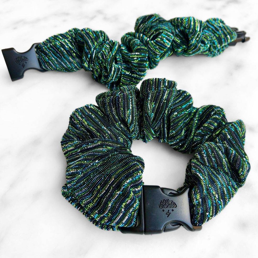 Best hair tie elastics and scrunchie hair accessories for snag-free, pull-free, rip-free, hair. Smooth, effortless hair ties and hair scrunchies for athletes, active moms, fitness, & sports. Peacock Stripes Buckle Scrunchie - No Snagging, No Tangles