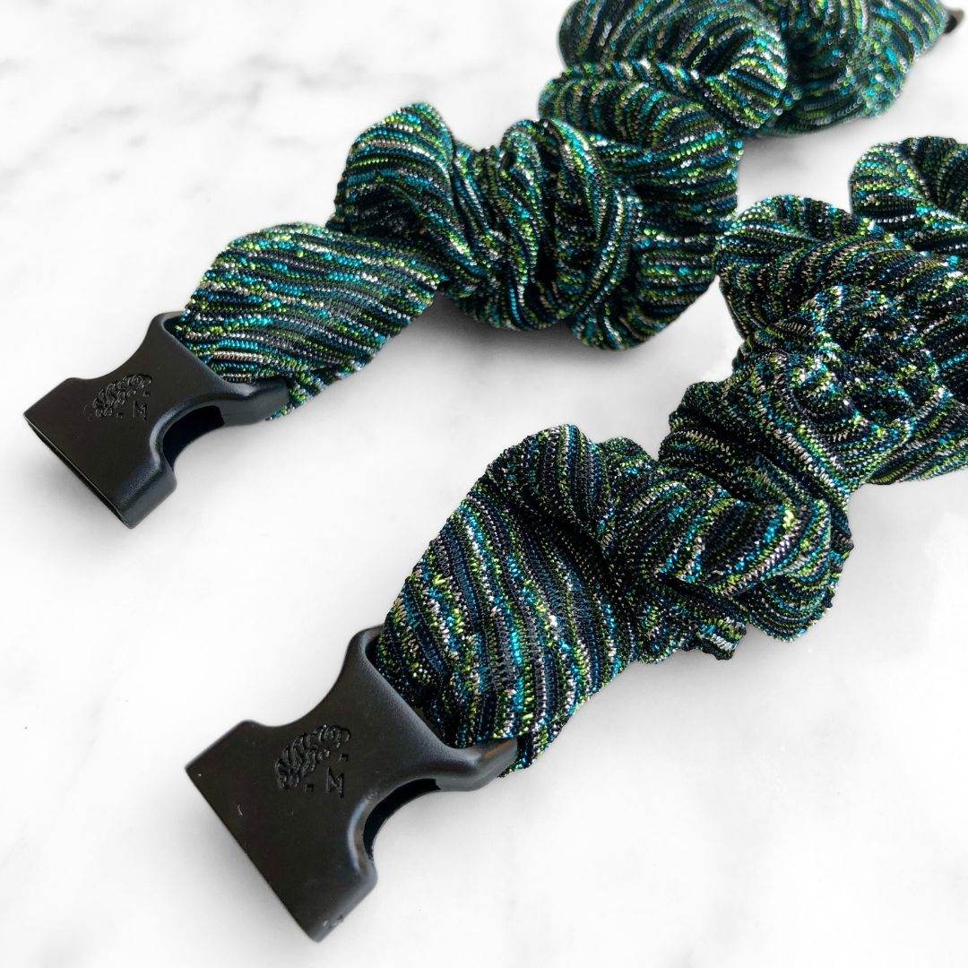 Best hair tie elastics and scrunchie hair accessories for snag-free, pull-free, rip-free, hair. Smooth, effortless hair ties and hair scrunchies for athletes, active moms, fitness, & sports. Peacock Stripes Buckle Scrunchie - No Snagging, No Tangles