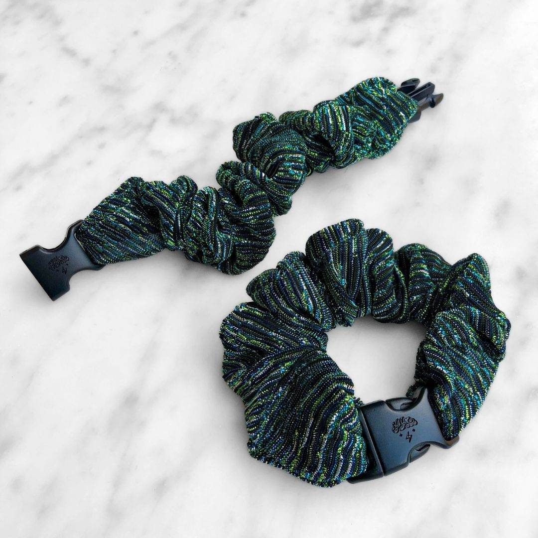 Best hair tie elastics and scrunchie hair accessories for snag-free, pull-free, rip-free, hair. Smooth, effortless hair ties and hair scrunchies for athletes, active moms, fitness, & sports. Peacock Stripes Buckle Scrunchie - No Snagging, No Tangles